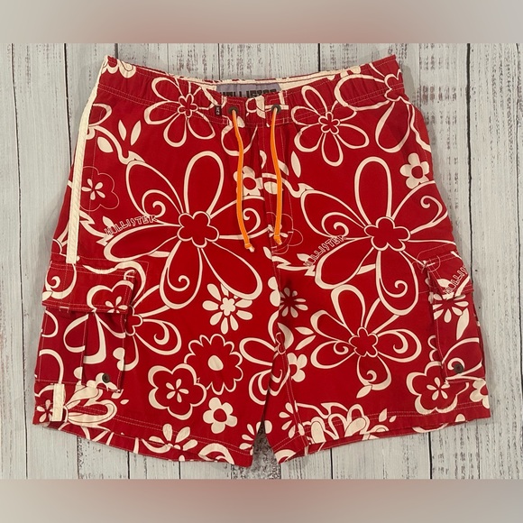 Hollister Other - Vintage Hollister Men’s M. Red Hawaiian Floral & Logo Cargo Swim Trunk Shorts